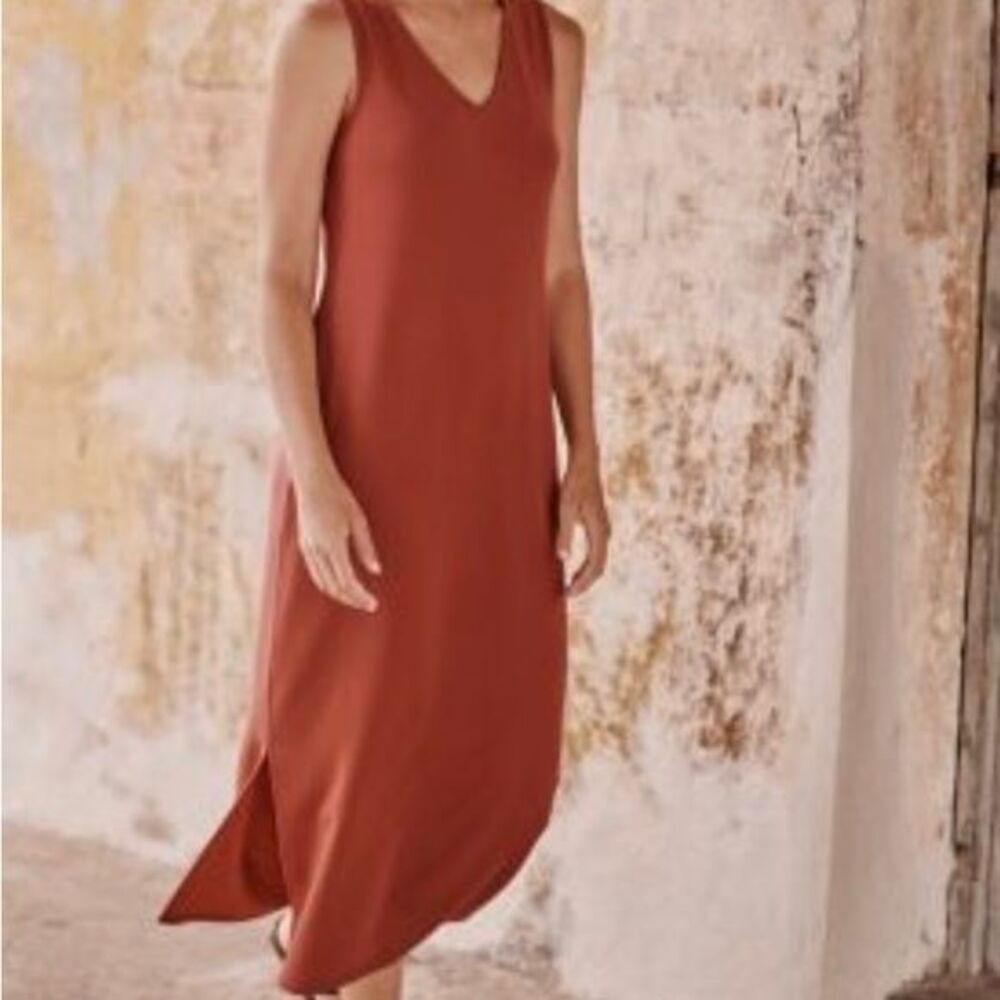 Garnet‎ Hill Terracotta V-Neck Sleeveless Maxi Flowy Dress Tencel Stretch Size S